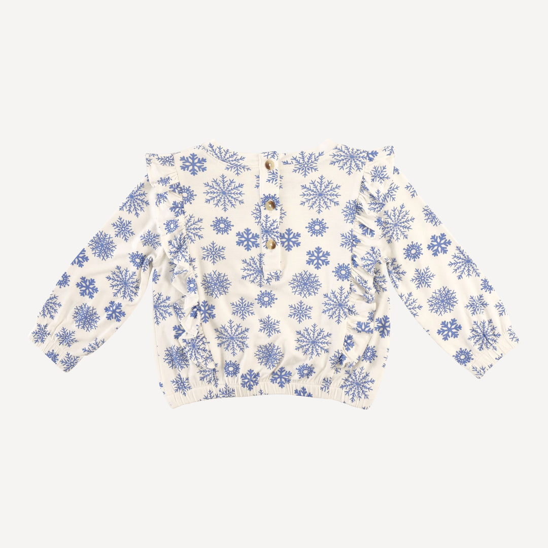 side ruffle scoop neck top | blue snowflake | bamboo