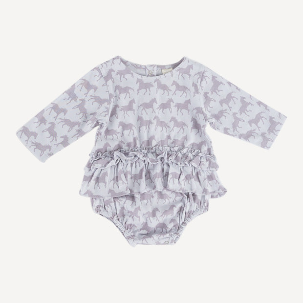 long sleeve double ruffle skirted bubble | lavender horses | organic cotton jersey