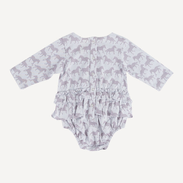 long sleeve double ruffle skirted bubble | lavender horses | organic cotton jersey