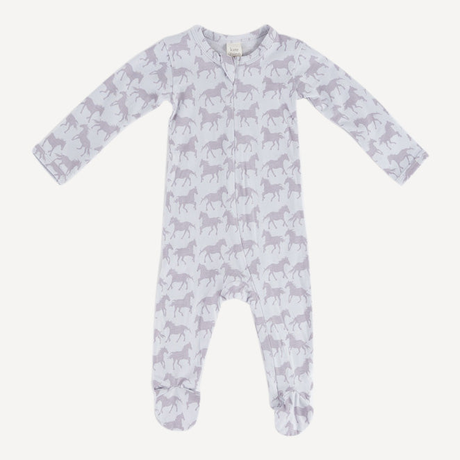 long sleeve two way zipper footie | lavender horses | organic cotton jersey