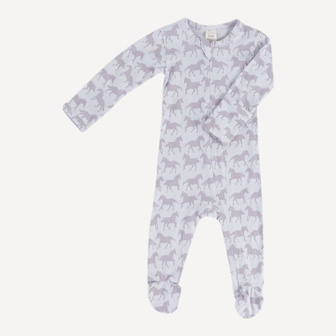 long sleeve two way zipper footie | lavender horses | organic cotton jersey