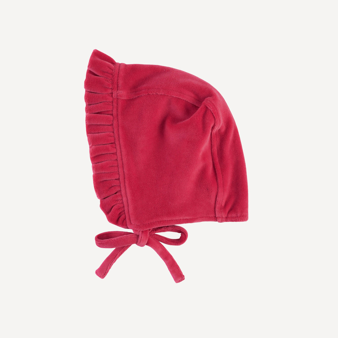 small ruffle bonnet | rococco red | organic cotton velour