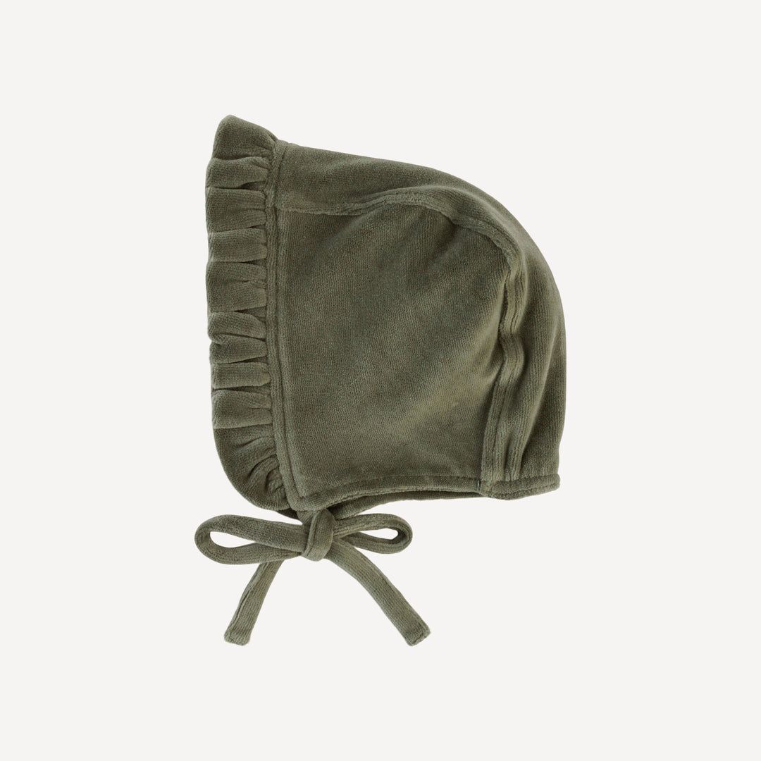 small ruffle bonnet | thyme | organic cotton velour