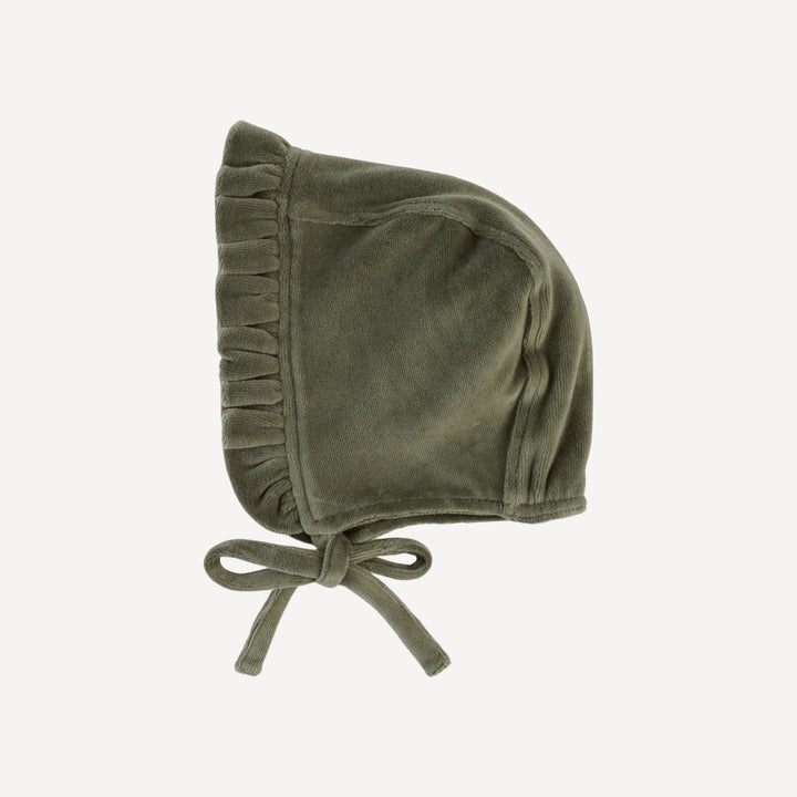 small ruffle bonnet | thyme | organic cotton velour