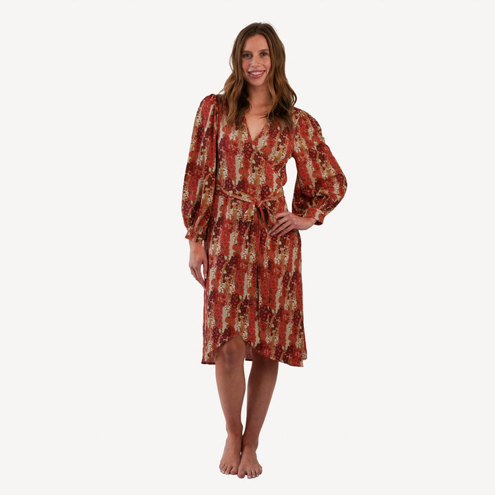womens balloon sleeve midi wrap dress | red hollyhocks | bamboo