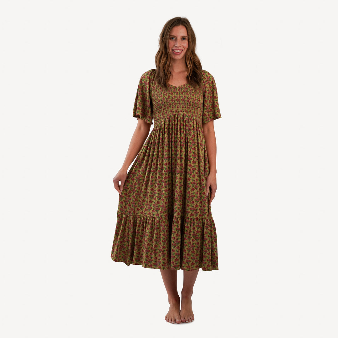 womens flutter sleeve smocked dress | gold climbing rose | bamboo