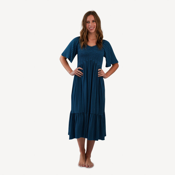 womens flutter sleeve smocked dress | blue houndstooth | bamboo
