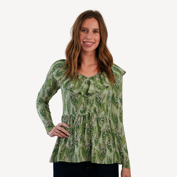 womens long sleeve v-neck ruffle top | lily of the valley | bamboo