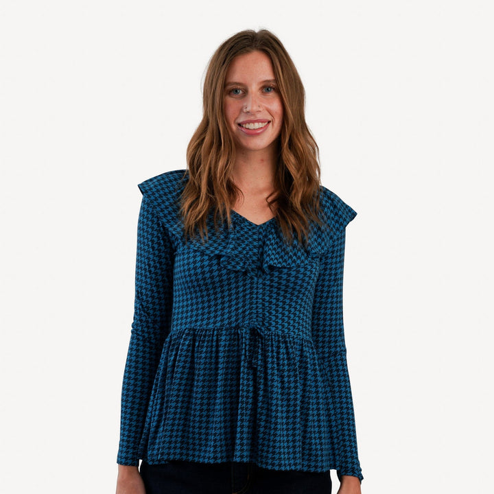 womens long sleeve v-neck ruffle top | blue houndstooth | bamboo