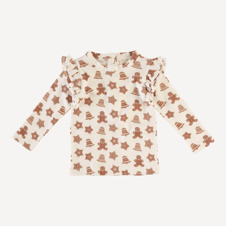 long sleeve double ruffle top | toffee gingerbread cookies | organic cotton interlock