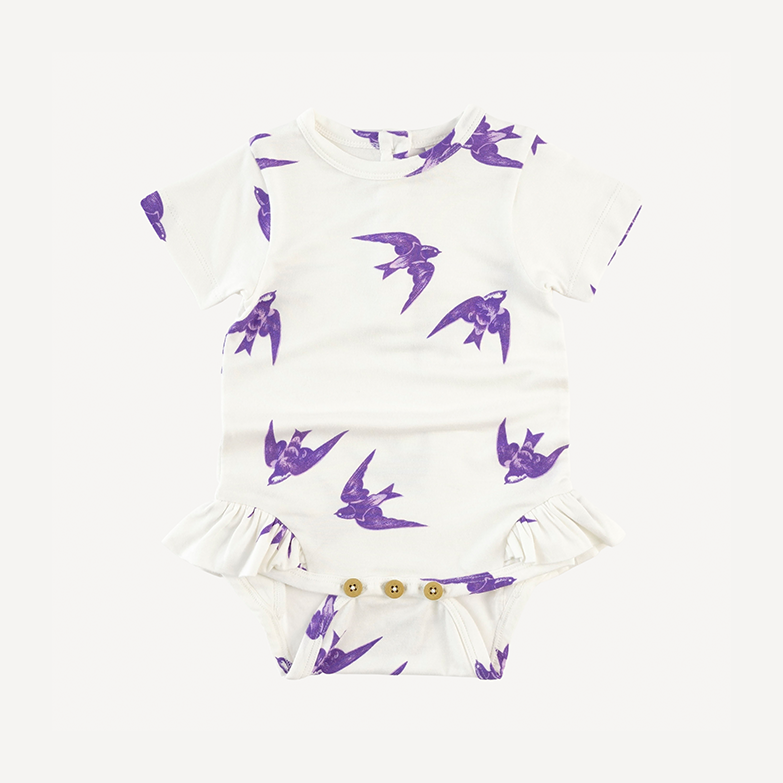short sleeve ruffle leg bodysuit | lavender sparrow | modal