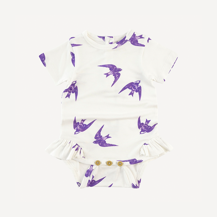 short sleeve ruffle leg bodysuit | lavender sparrow | modal