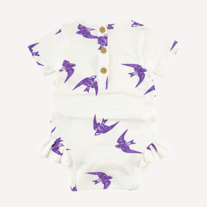 short sleeve ruffle leg bodysuit | lavender sparrow | modal