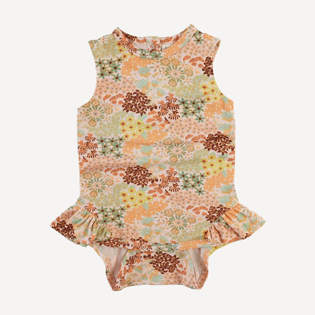 sleeveless ruffle leg bodysuit | pink ditsy garden | bamboo