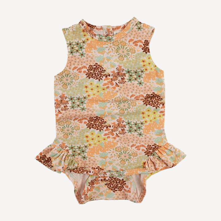 sleeveless ruffle leg bodysuit | pink ditsy garden | bamboo