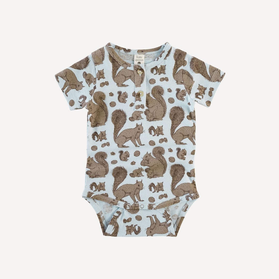 short sleeve henley bodysuit | squirrels | organic cotton jersey