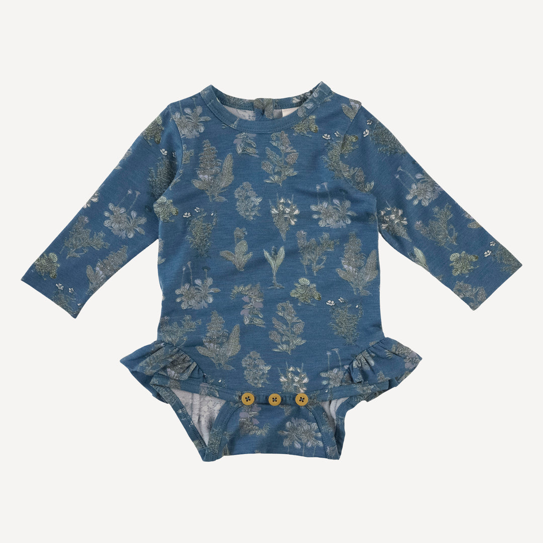 long sleeve ruffle leg bodysuit | blue litho | modal