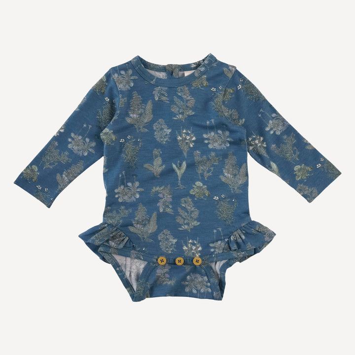 long sleeve ruffle leg bodysuit | blue litho | modal