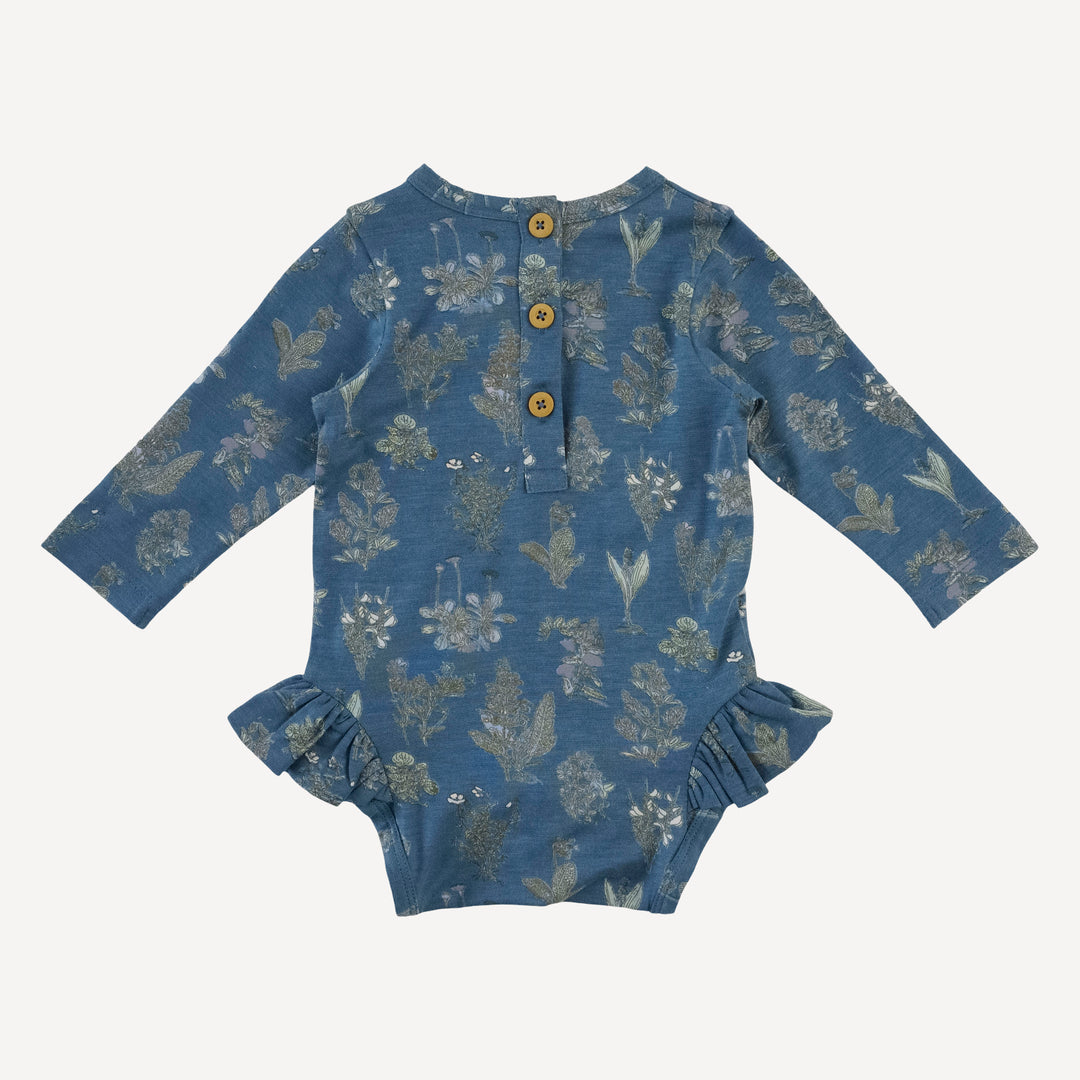 long sleeve ruffle leg bodysuit | blue litho | modal
