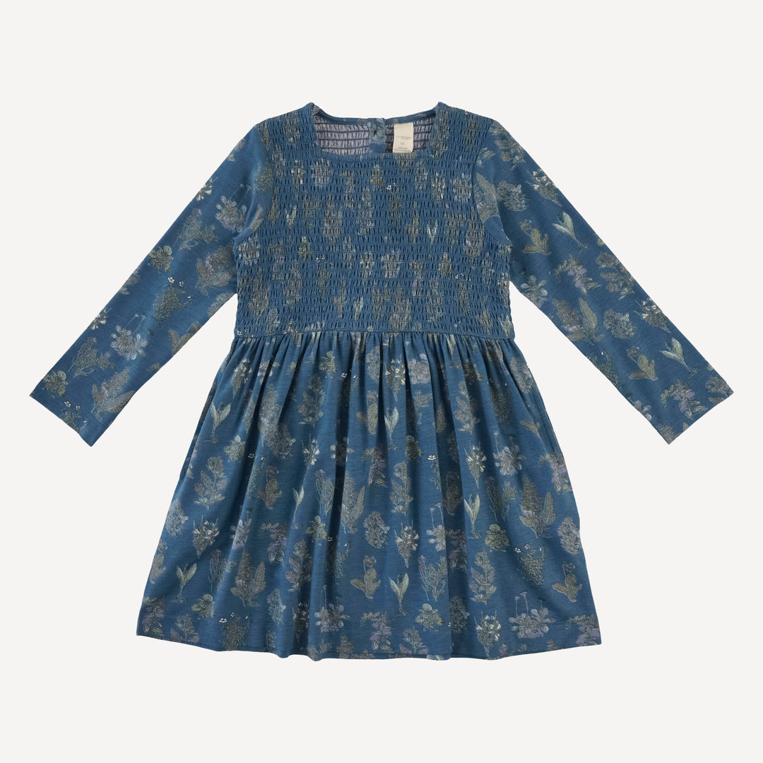 long sleeve square neck smocked dress | blue litho | modal