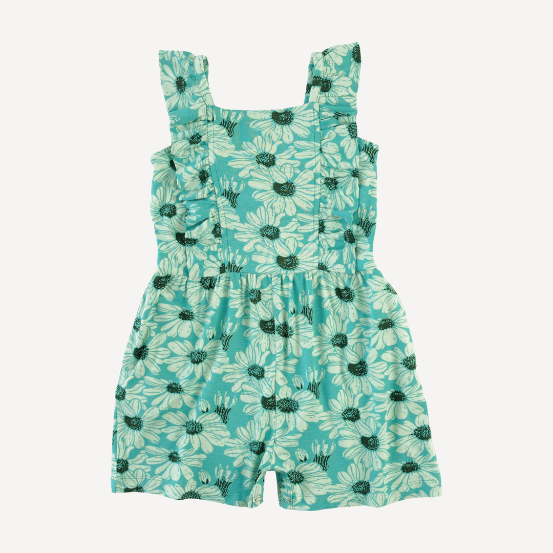 pinafore ruffle romper | green daisy | bamboo