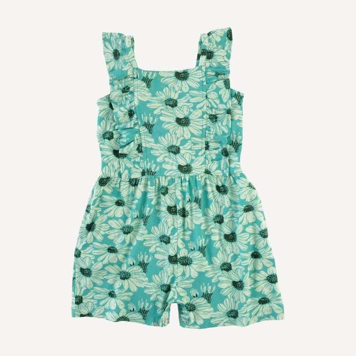 pinafore ruffle romper | green daisy | bamboo