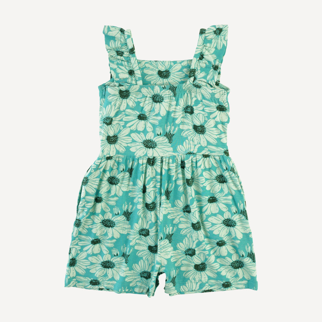 pinafore ruffle romper | green daisy | bamboo