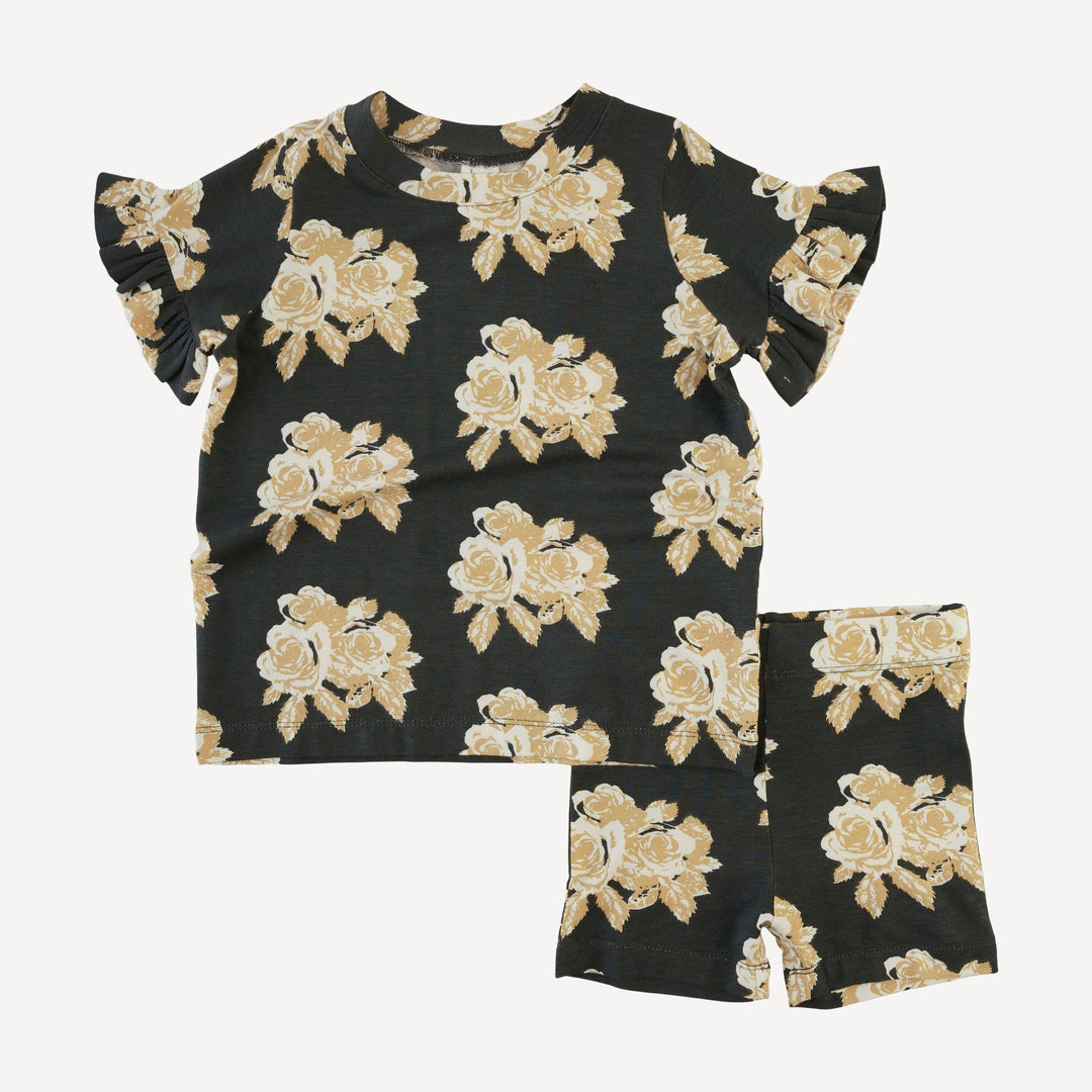 short sleeve essential ruffle boxy tee + bike short set | taffy rose | bamboo