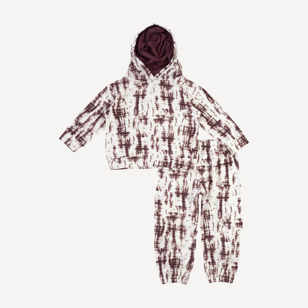 long sleeve boxy topstitch hoodie + relaxed jogger set | mahogany shibori | modal