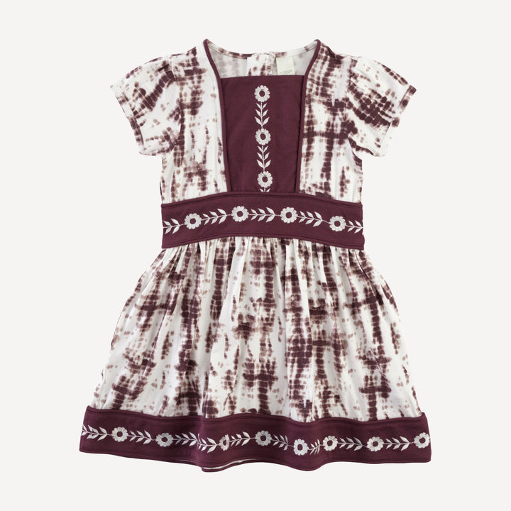 short puff sleeve piped square neck embroidered dress | mahogany shibori | modal