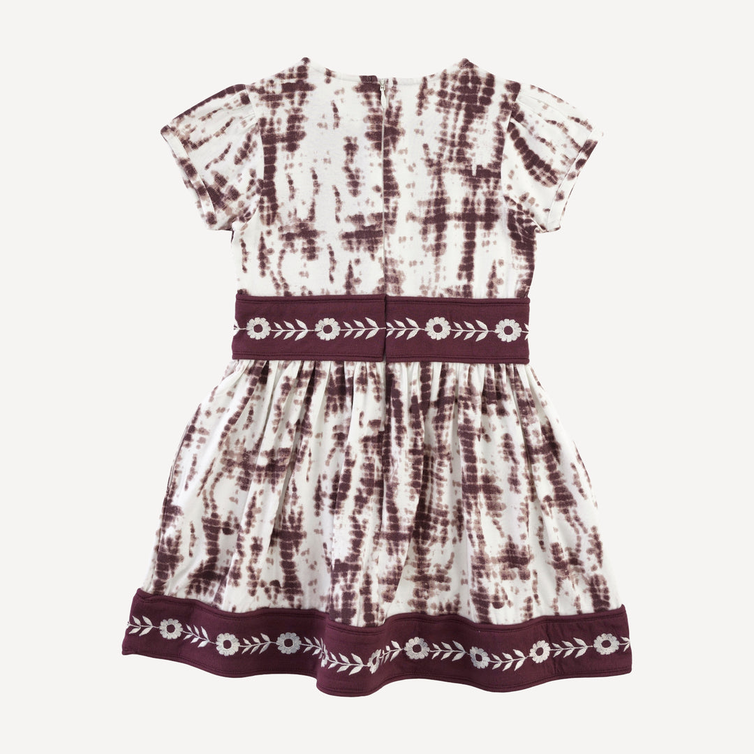 short puff sleeve piped square neck embroidered dress | mahogany shibori | modal