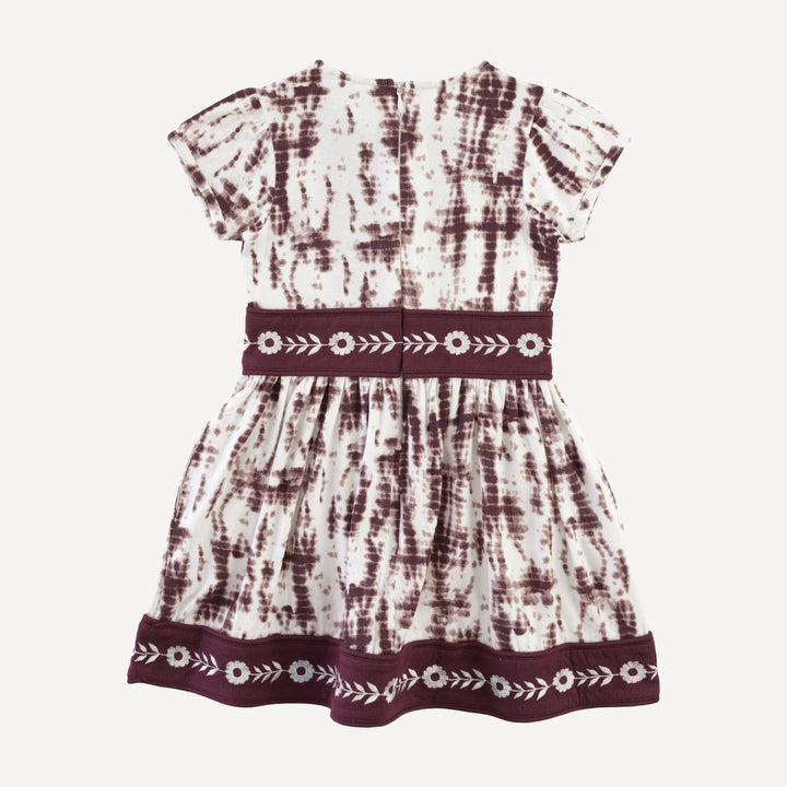 short puff sleeve piped square neck embroidered dress | mahogany shibori | modal