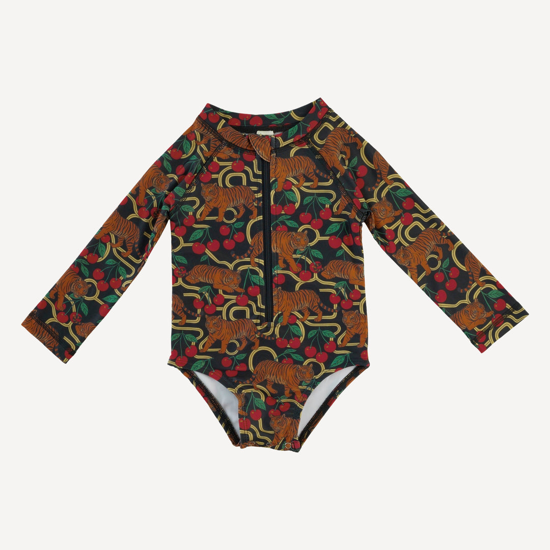 long sleeve zip front swimsuit | tiger + cherries | swim