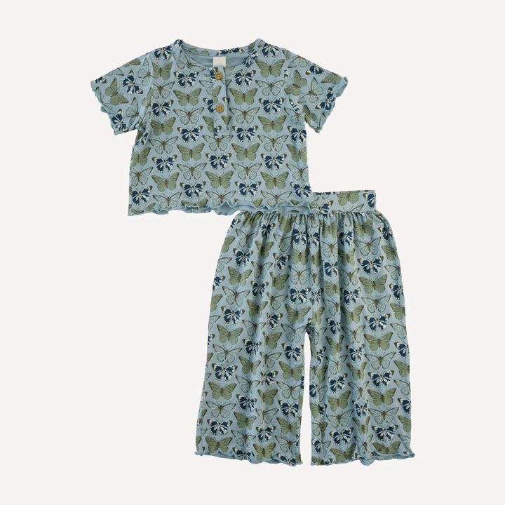 short sleeve henley jade set | blue butterflies allover | modal