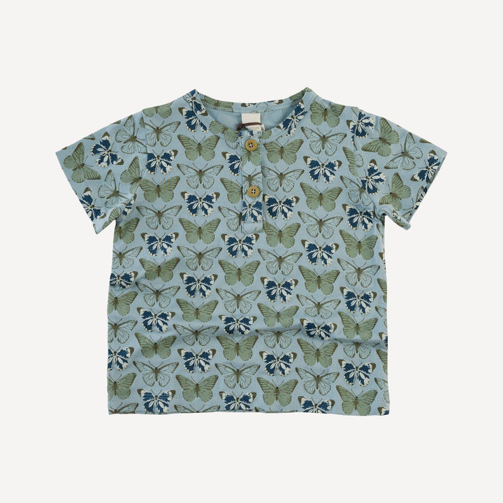 short sleeve basic henley tee | blue butterflies allover | modal