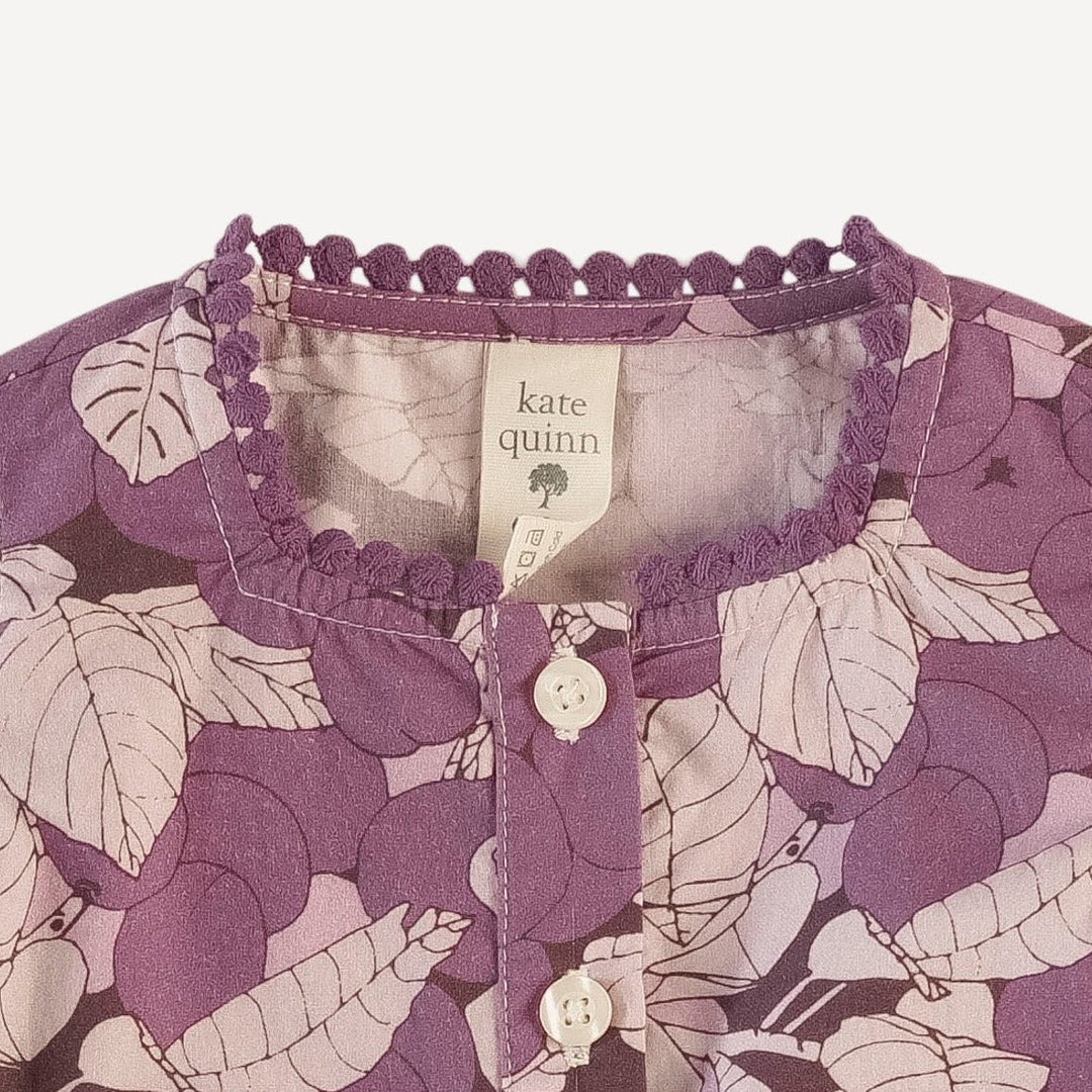 long sleeve gathered waist pom pom gaucho jumpsuit | sugar plums | organic cotton mid-weight woven