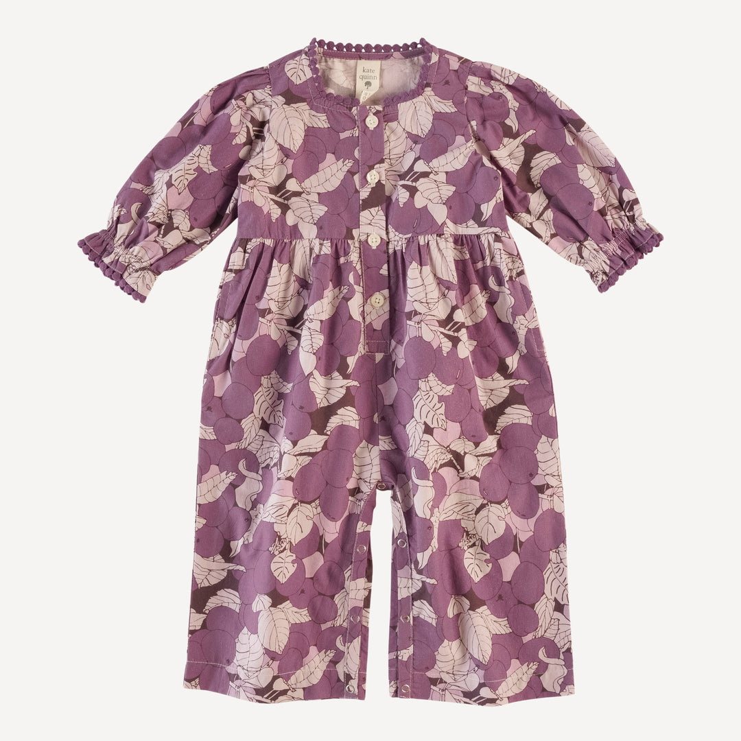 long sleeve gathered waist pom pom gaucho jumpsuit | sugar plums | organic cotton mid-weight woven