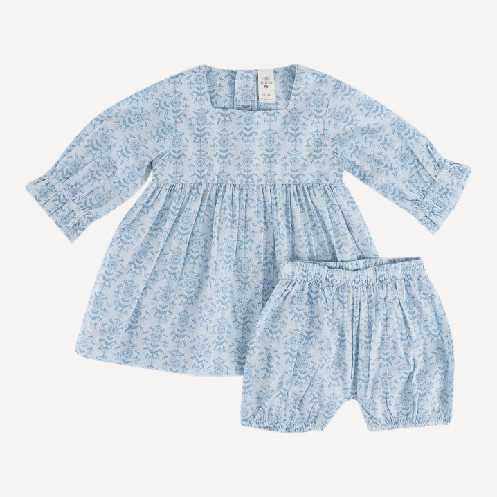 long sleeve square neck dress + gathered bloomer set | cornflower folk wallpaper | organic cotton gauze