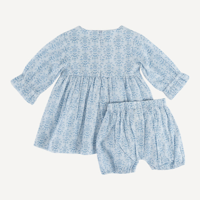 long sleeve square neck dress + gathered bloomer set | cornflower folk wallpaper | organic cotton gauze