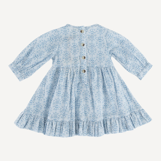 long sleeve pinafore dress | cornflower folk wallpaper | organic cotton gauze