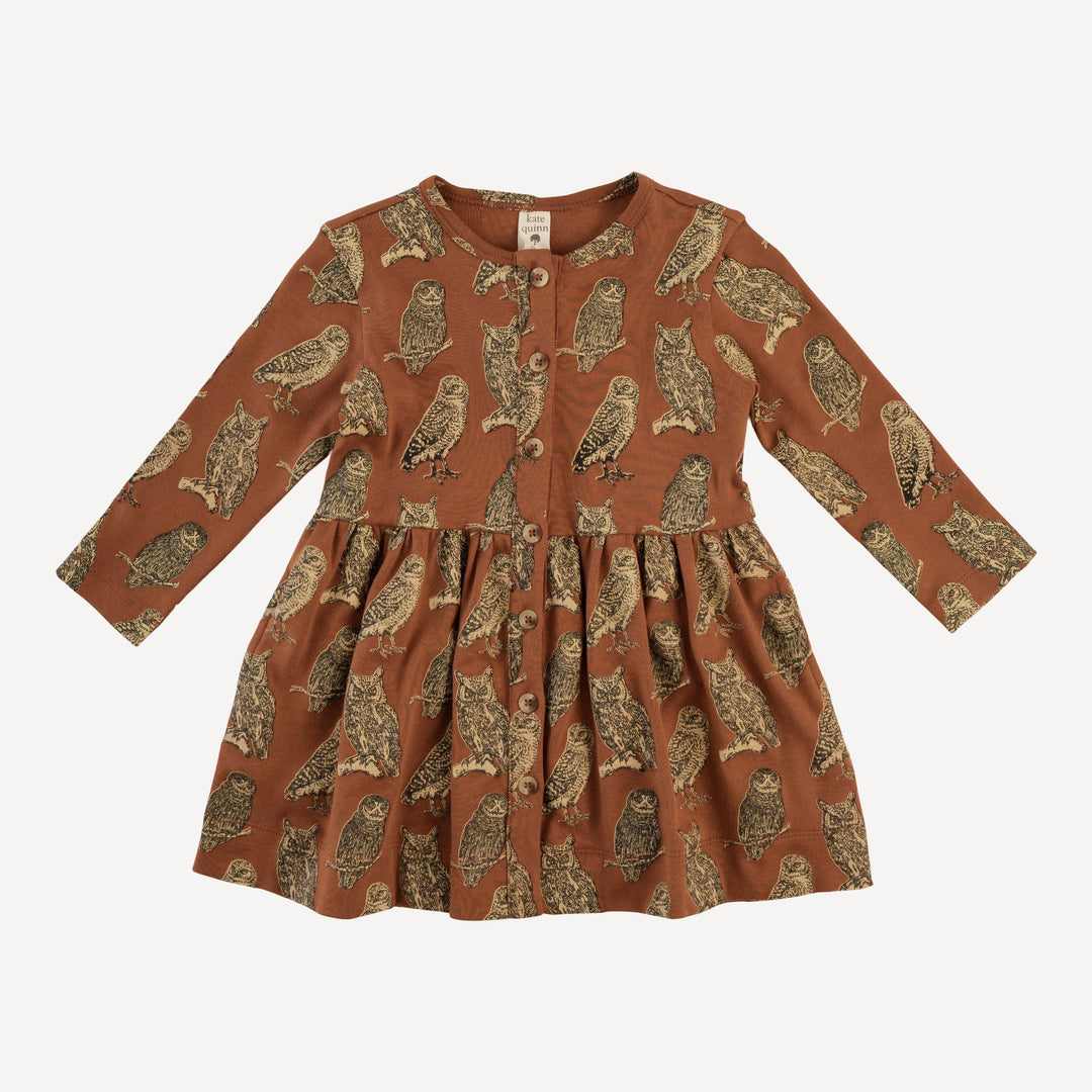 long sleeve button front dress | owl friends | organic cotton interlock