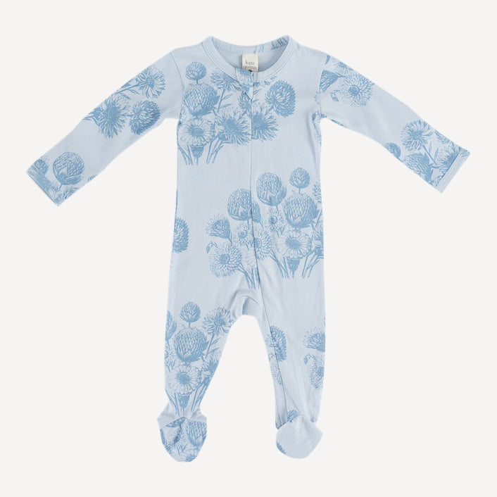 long sleeve two way zipper footie | blue dahlia | organic cotton jersey