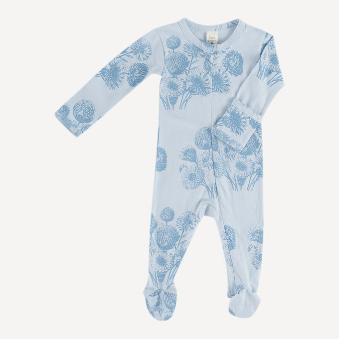 long sleeve two way zipper footie | blue dahlia | organic cotton jersey