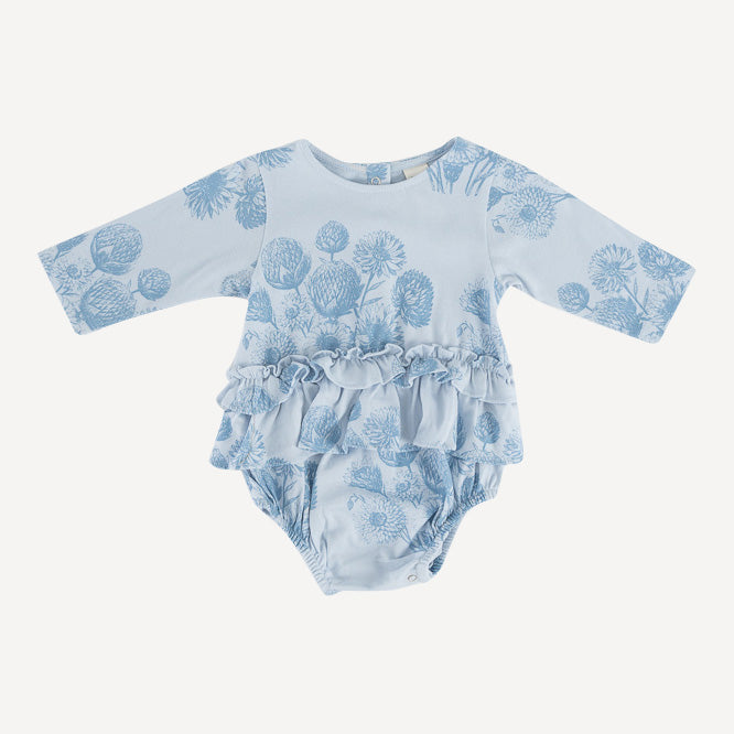 long sleeve double ruffle skirted bubble | blue dahlia | organic cotton jersey