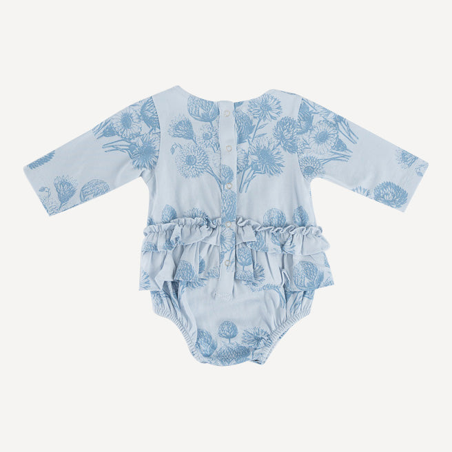 long sleeve double ruffle skirted bubble | blue dahlia | organic cotton jersey