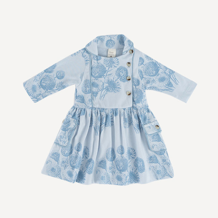 long sleeve peter pan apron dress | blue dahlia | organic cotton jersey
