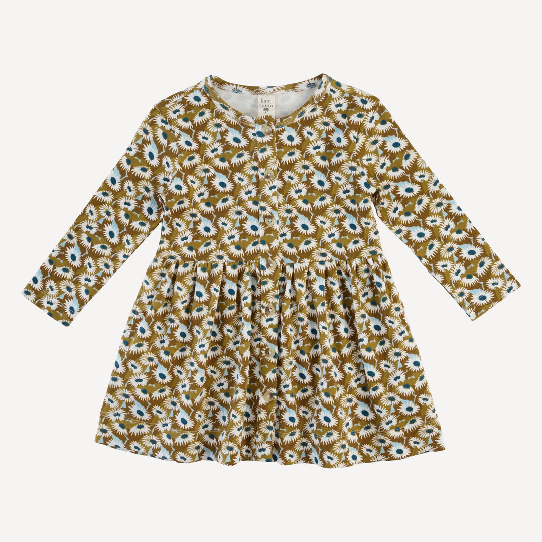 long sleeve button front dress | blue daisy garden | organic cotton interlock