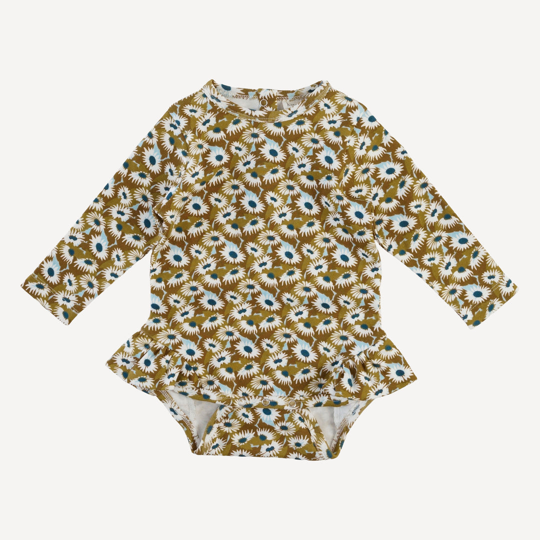 long sleeve ruffle leg bodysuit | blue daisy garden | organic cotton interlock