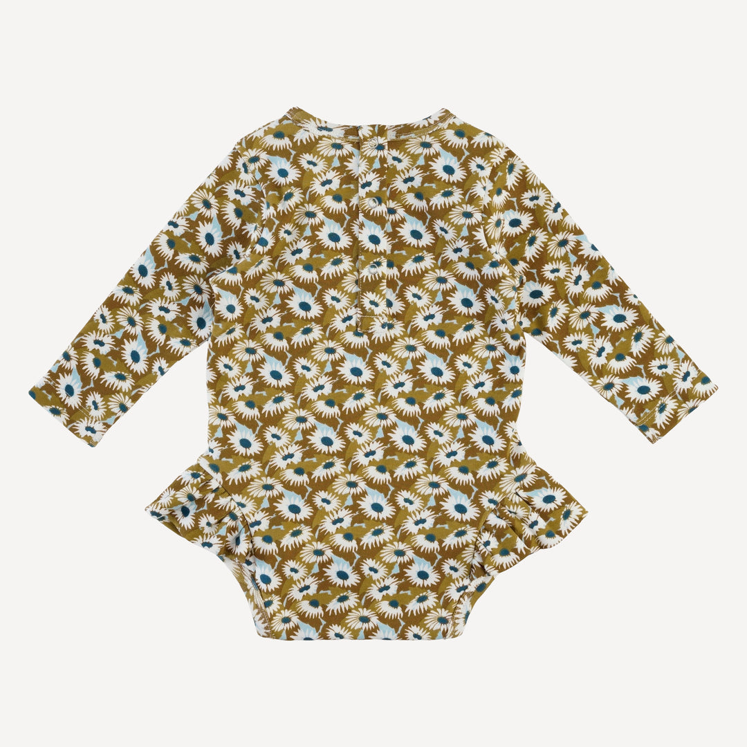 long sleeve ruffle leg bodysuit | blue daisy garden | organic cotton interlock