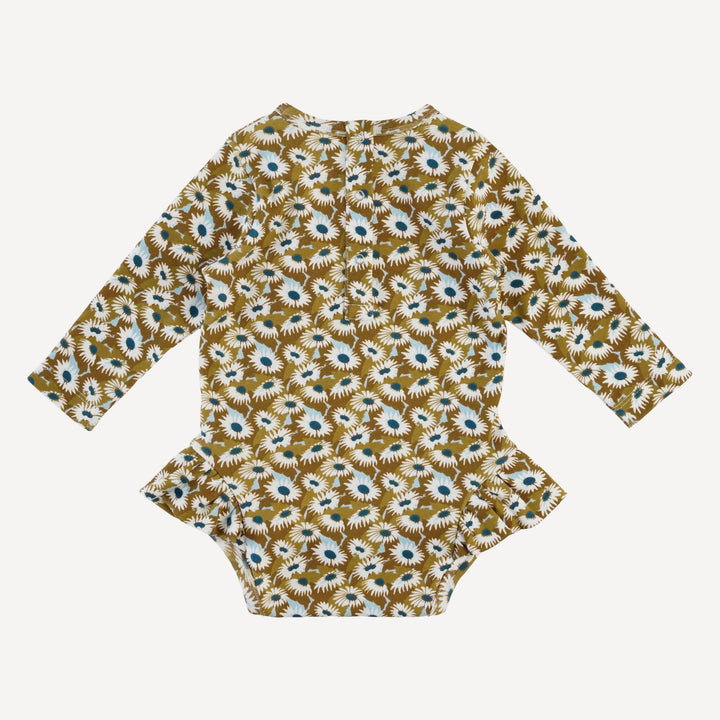 long sleeve ruffle leg bodysuit | blue daisy garden | organic cotton interlock